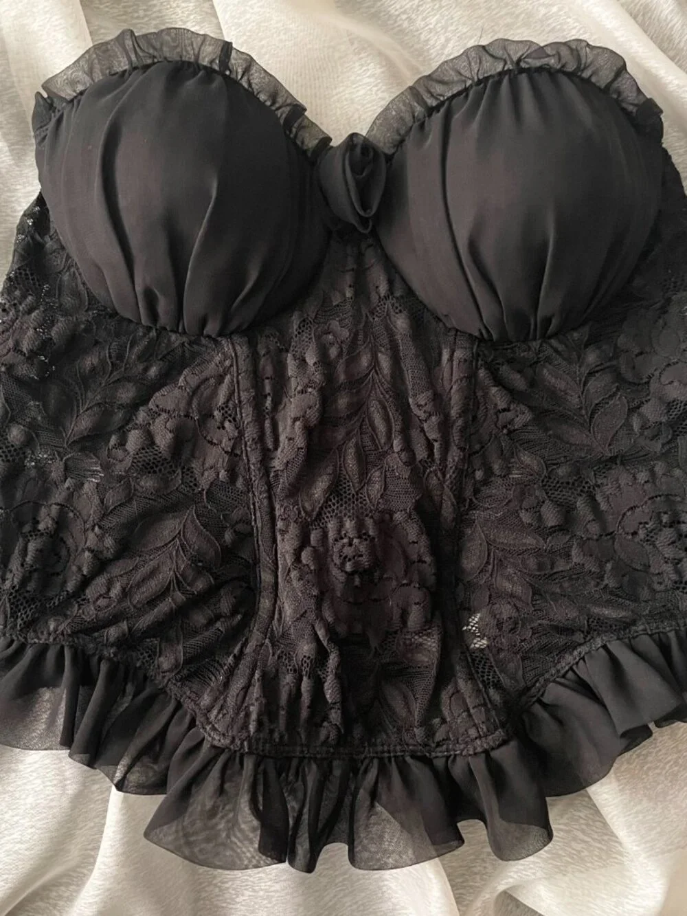 Rare: Vintage Christian Dior Black Lace + Chiffon Rose Detail Bustier - Size 34B - Picture 2 of 11